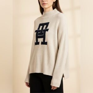 Tommy Hilfiger Cream Turtleneck Sweater with Navy Logo